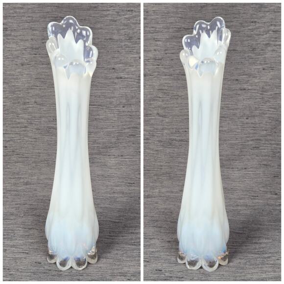 Vintage Fostoria Bud Vase Swung Art Glass 6.5" Whtie Opalescent Ruffled Ribbed - Picture 7 of 9